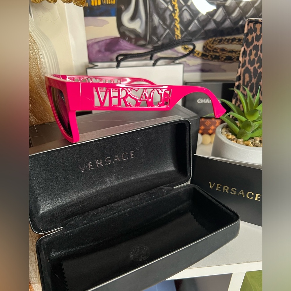 Versace Fuscia Plastic Rectangle Sunglasses - image 3